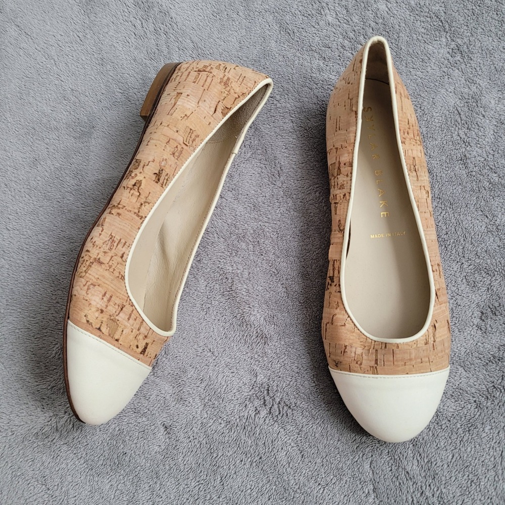 Skylar Blake cork ballet flats white cap toe made in Italy size 8 coastal luxury